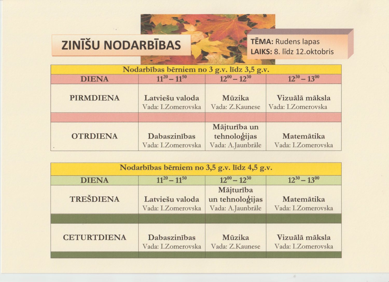 Tēma “Rudens lapa”. Nodarbības bērniem no 3 gadu vecuma līdz 3,5 gadu vecuma. Pirmdiena no plkst. 11:20 līdz 11:50 latviešu valoda, vada Inguna Zomerovska, no plkst. 12:00 līdz 12:30 mūzika, vada Zane Kaunese, no plkst. 12:30 līdz 13:00 vizuālā māksla, vada Inguna Zomerovska. Otrdiena no plkst. 11:20 līdz 11:50 dabaszinības, vada Inguna Zomerovska, no plkst. 12:00 – 12:30 mājturība un tehnoloģijas, vada Agnija Jaunbrāle, no plkst. 12:30 līdz 13:00 matemātika, vada Inguna Zomerovska. Nodarbības bērniem no 3,5 gadiem līdz 4,5 gadiem. Trešdiena no plkst. 11:20 līdz 11:50 latviešu valoda, vada Inguna Zomerovska, no plkst. 12:00 līdz 12:30 mājturība un tehnoloģijas, vada Agnija Jaunbrāle, no plkst. 12:30 līdz 13:00 matemātika, vada Inguna Zomerovska. Ceturtdiena no plkst. 11:20 līdz 11:50 dabaszinības, vada Inguna Zomerovska, no 12:00 līdz 12:30 mūzika, vada Zane Kaunese, no plkst. 12:30 līdz plkst. 13:00 vizuālā māksla, vada Inguna Zomerovska. 