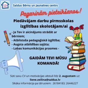 Aprakstīta informācija par to, ka tiek pagarināta pieteikšanās pirmsskolas pedagoga amatam.