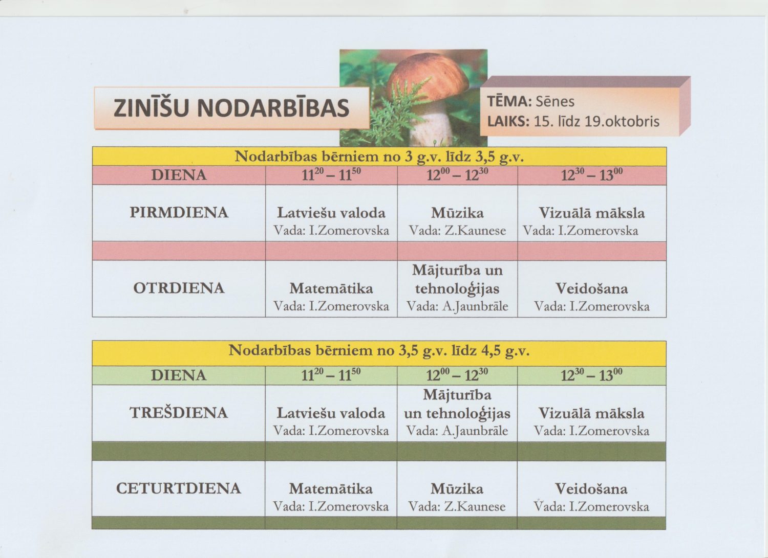 Tēma “Sēnes”. 15. – 19.oktobris. Nodarbības bērniem no 3 līdz 3,5 gadu vecuma. Pirmdien no plkst. 11:20 – 11:50 latviešu valoda (vada Inguna Zomerovska); no plkst. 12:00 – 12:30 mūzika (vada Zane Kaunese); no plkst. 12:30 – 13:00 vizuālā māksla (vada Inguna Zomerovska). Otrdien no plkst. 11:20 – 11:50 matemātika (vada Inguna Zomerovska), no plkst. 12:00 – 12:30 mājturība un tehnoloģijas (vada Agnija Jaunbrāle), no plkst. 12:30 – 13:00 veidošana (vada Inguna Zomerovska). Nodarbības bērniem no 3,5 līdz 4,5 gadu vecumam. Trešdien no plkst. 11:20 līdz 11:50 latviešu valoda (vada Inguna Zomerovska), no plkst. 12:00 – 12:30 mājturība un tehnoloģijas (vada Agnija Jaunbrāle), no plkst. 12:30 – 13:00 vizuālā māksla (vada Inguna Zomerovska). Ceturtdien no plkst. 11:20 – 11:50 matemātika (vada Inguna Zomerovska), no plkst. 12:00 – 12:30 mūzika (vada Zane Kaunese), no plkst. 12:30 – 13:00 veidošana (vada Inguna Zomerovska).