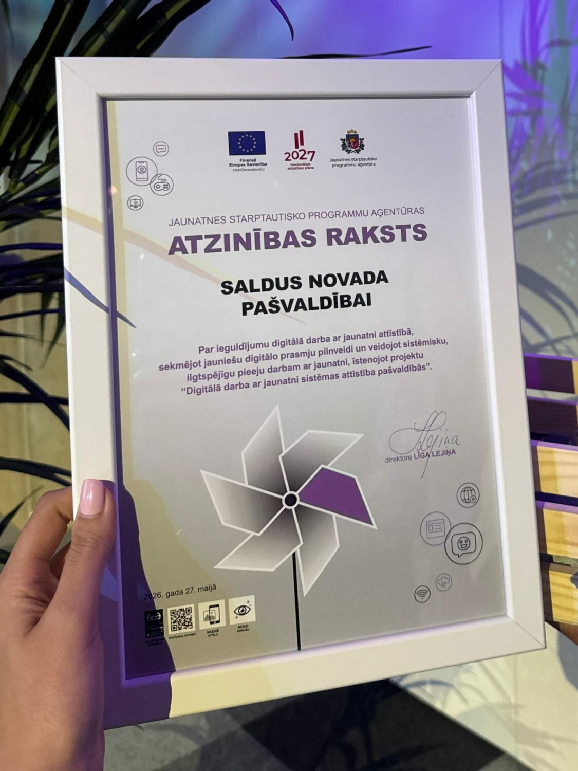 iegūtais atzinības raksts par projekta realizēšanu
